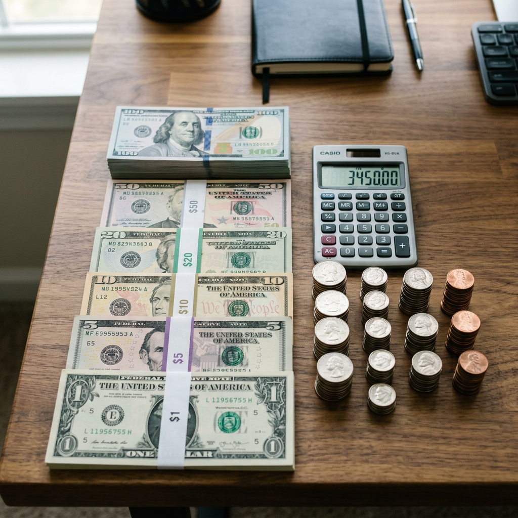 Stacks of U.S. dollar bills and coins arranged with a calculator displaying 3450.00