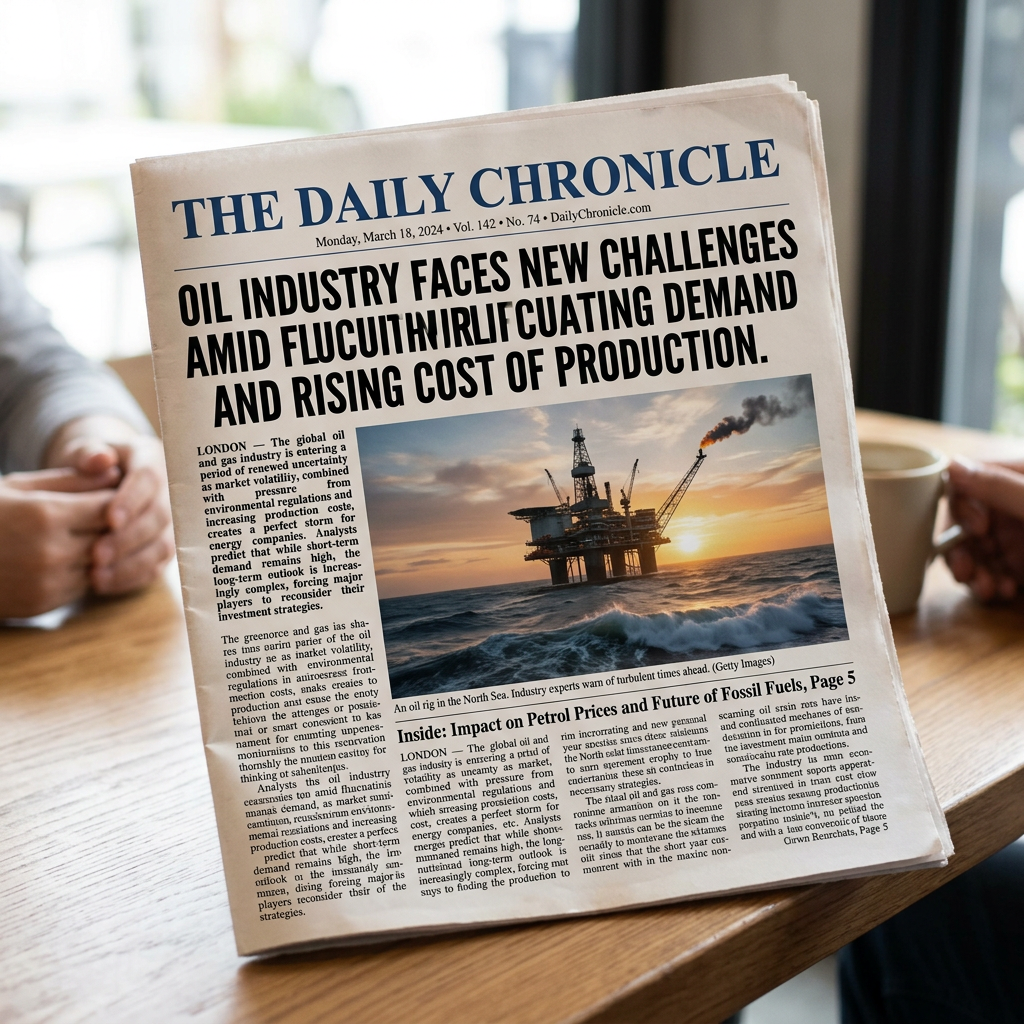 Newspaper headline about oil industry challenges with offshore oil rig photo